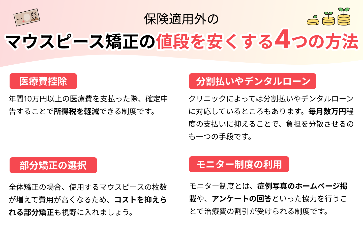 保険適用外のマウスピース矯正の値段を安くする方法4つ
