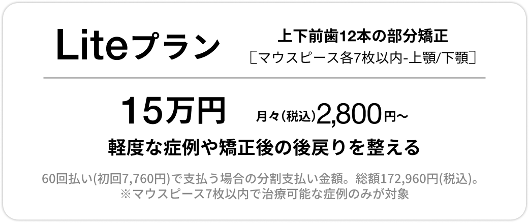 Basicプラン、上下前歯12本の部分矯正、33万円、月々（税込）3,500円〜